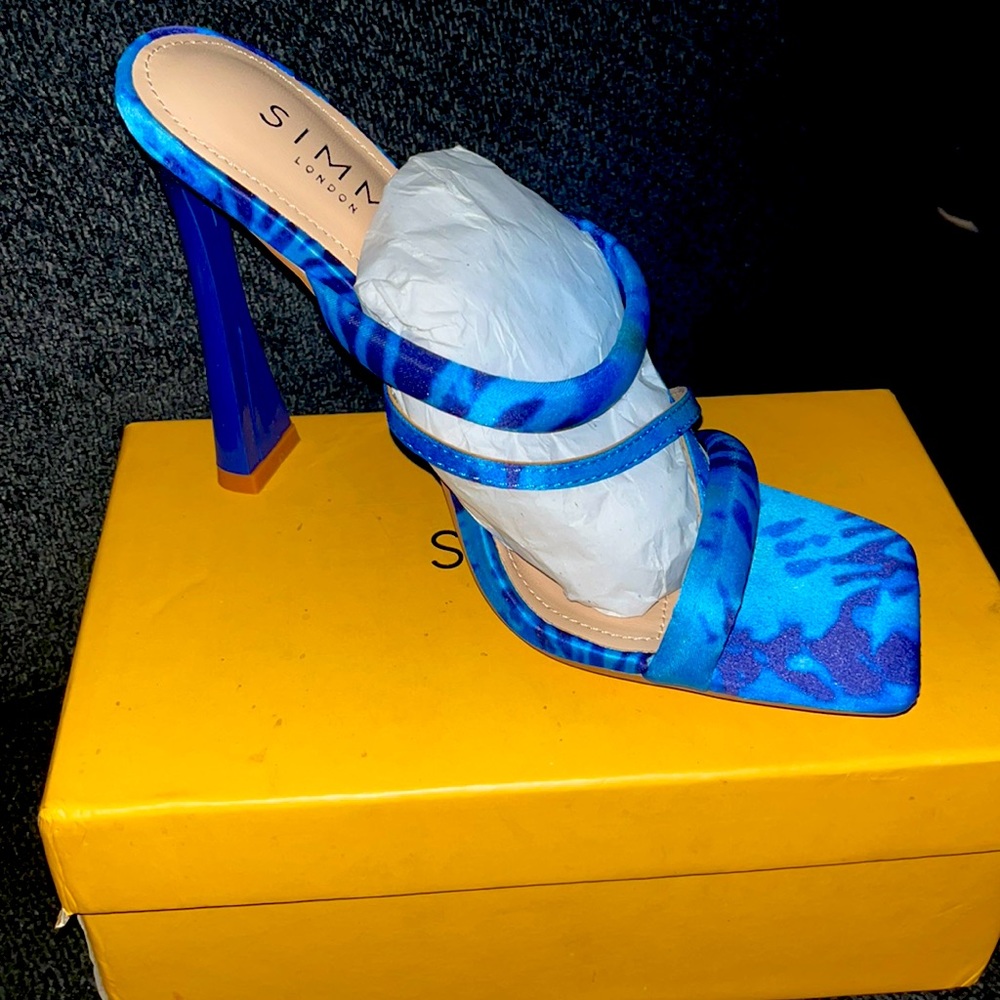 SIMMI London Arella Blue Marble print strapped high heel Mules